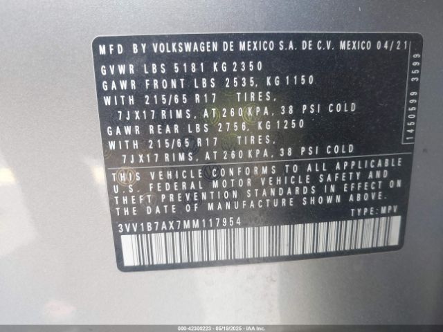 3VV1B7AX7MM117954 Volkswagen Tiguan 2.0t S