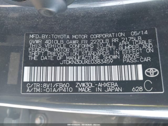 JTDKN3DUXE0383459 Toyota Prius Two