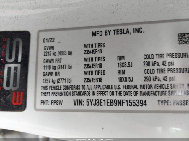 5YJ3E1EB9NF155394 Tesla 2022