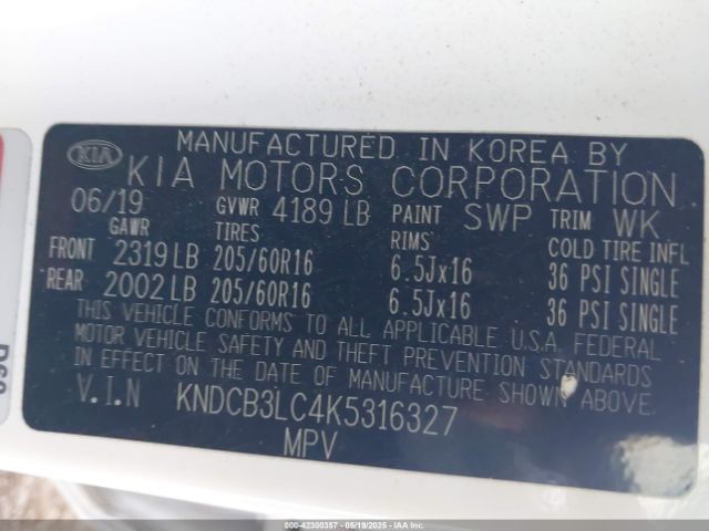 KNDCB3LC4K5316327 KIA gdi