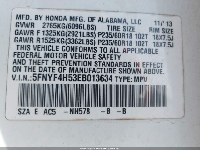5FNYF4H53EB013634 Honda Pilot Ex-l