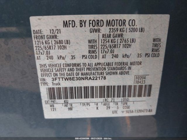 3FTTW8E30NRA22178 Ford hybrid