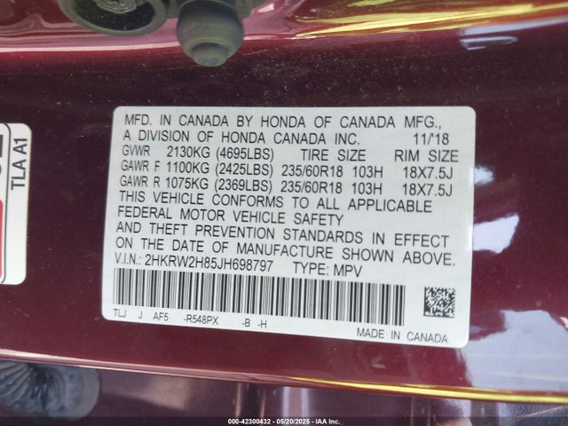2HKRW2H85JH698797 Honda Cr-v Ex-l/ex-l Navi
