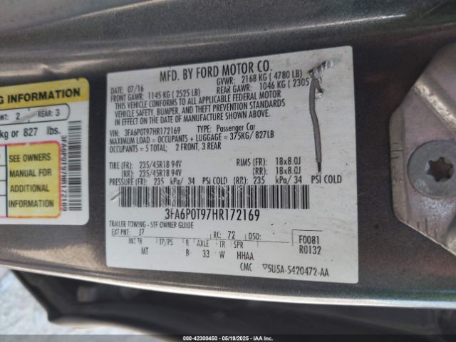 3FA6P0T97HR172169 Ford FUSION SE