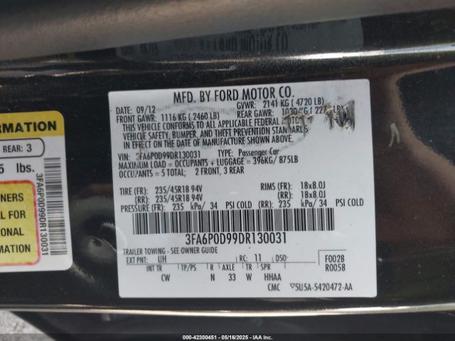 2013 FORD FUSION 3FA6P0D99DR130031 Photo 8