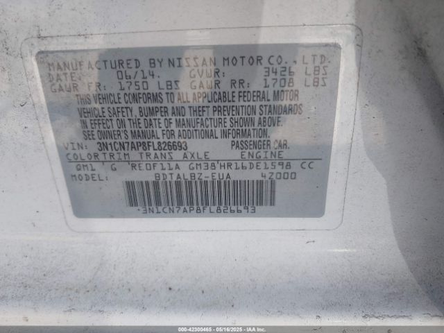 3N1CN7AP8FL826693 Nissan Versa 1.6 S/1.6 S+/1.6 Sl/1.6 Sv