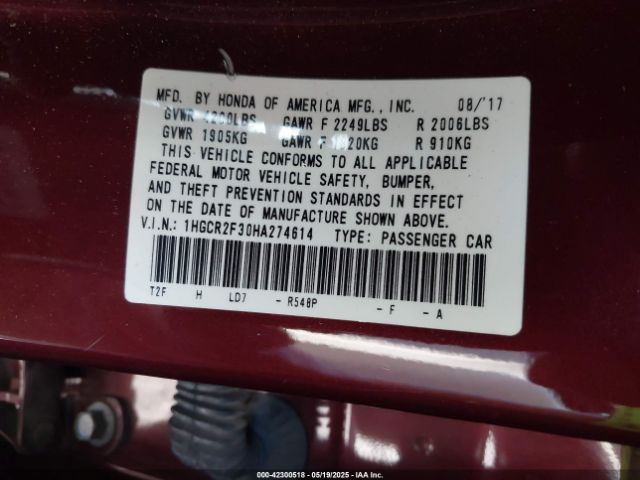 1HGCR2F30HA274614 Honda ACCORD LX