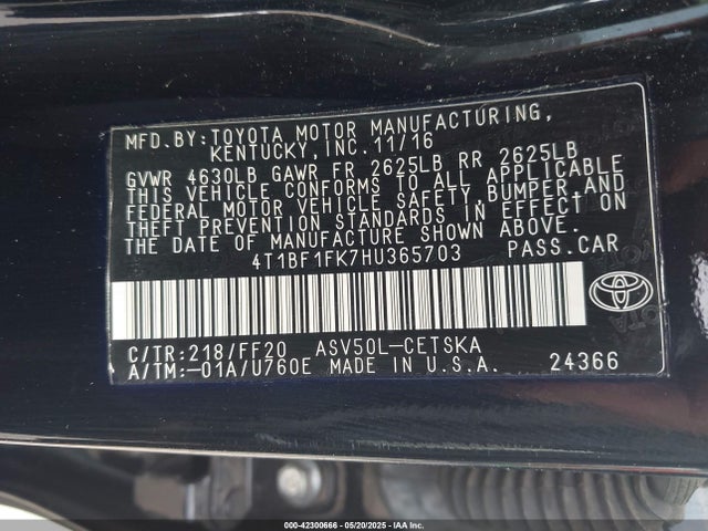 Toyota CAMRY SE 2017 4T1BF1FK7HU365703 Image 9