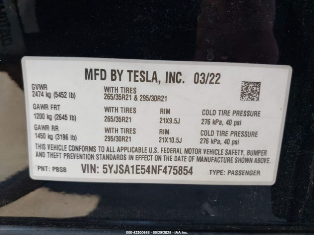 2022 TESLA MODEL S 5YJSA1E54NF475854 Photo 8
