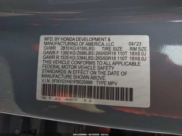 5FNYG1H61PB026888 Honda j35y8