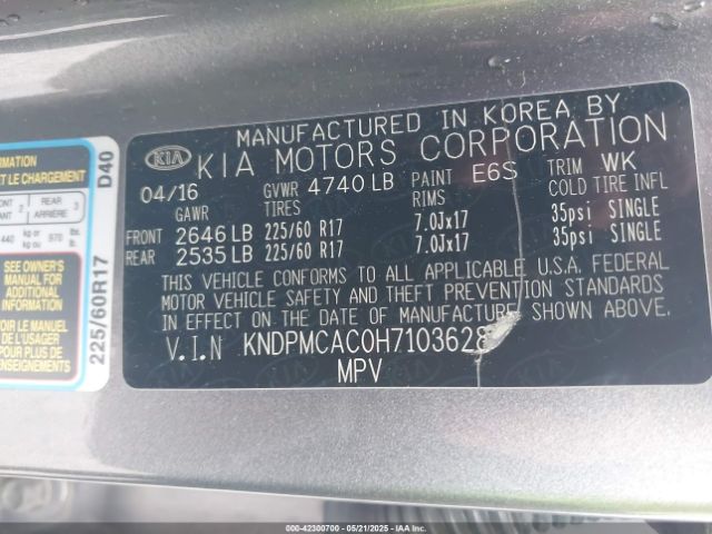 KNDPMCAC0H7103628 KIA Sportage Lx