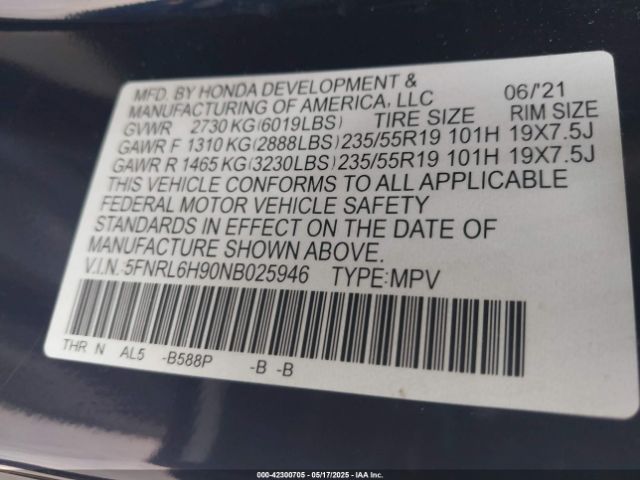 5FNRL6H90NB025946 Honda Odyssey Elite