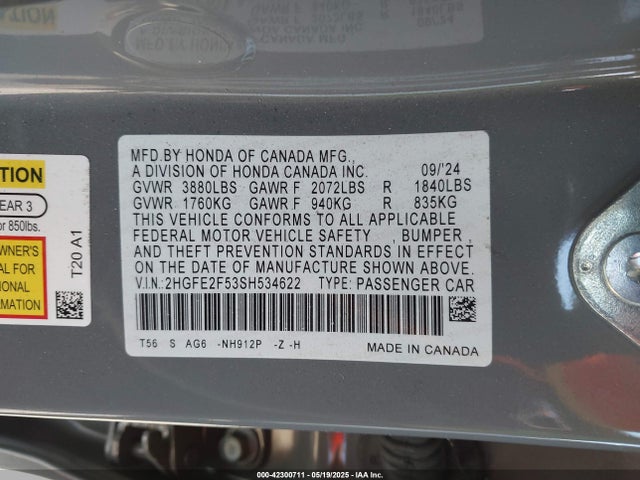 Honda k20c9 2025 2HGFE2F53SH534622 Image 9