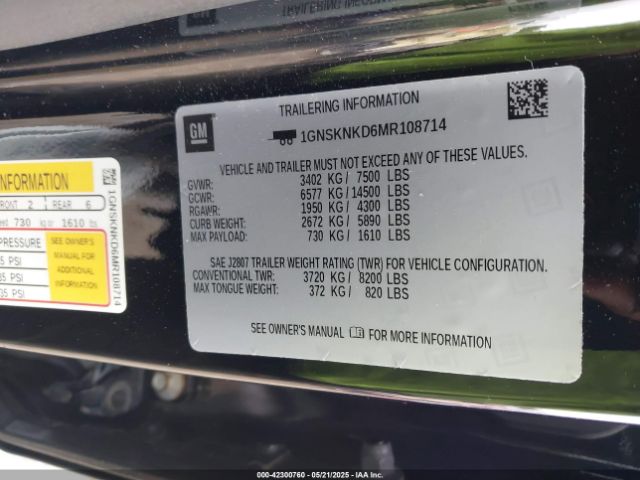 1GNSKNKD6MR108714 Chevrolet Tahoe 4wd Lt
