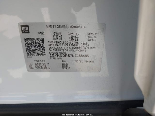 1GYKNDRS7NZ155485 Cadillac Xt5 Awd Premium Luxury