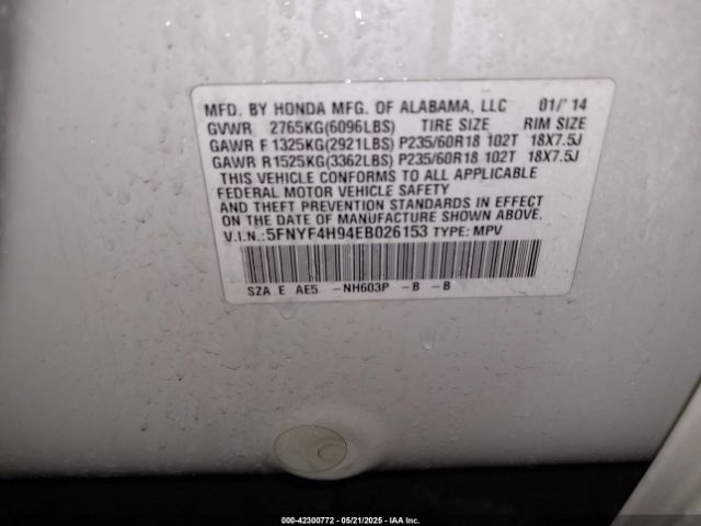 5FNYF4H94EB026153 Honda Pilot Touring
