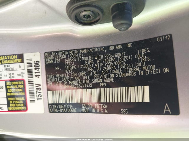 2012 Toyota Sienna Le V6 8 Passenger მანქანა იყიდება აუქციონზე, vin: 5TDKK3DC7CS224439, აუქციონის ნომერი: 42300856