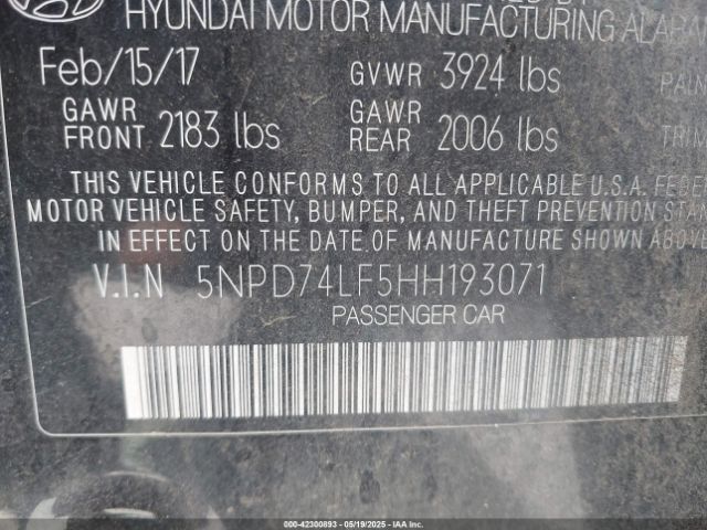 5NPD74LF5HH193071 Hyundai ELANTRA SE
