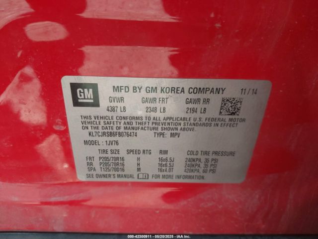 KL7CJRSB6FB076474 Chevrolet Trax Lt