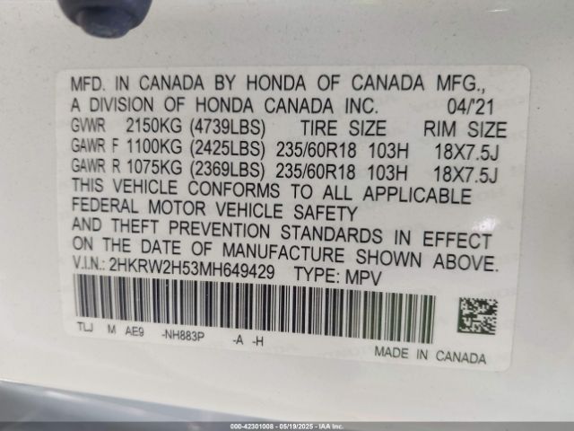 2HKRW2H53MH649429 Honda Cr-v Awd Ex