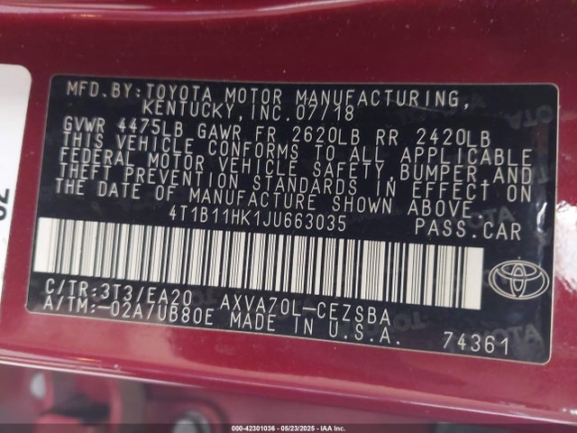 4T1B11HK1JU663035 Toyota CAMRY SE