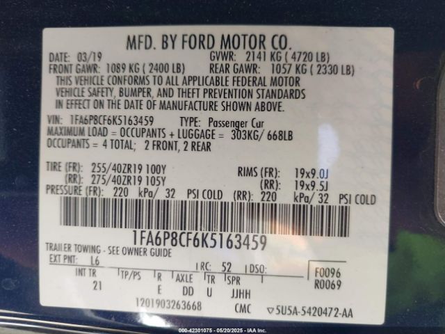 2019 FORD MUSTANG 1FA6P8CF6K5163459 Photo 8