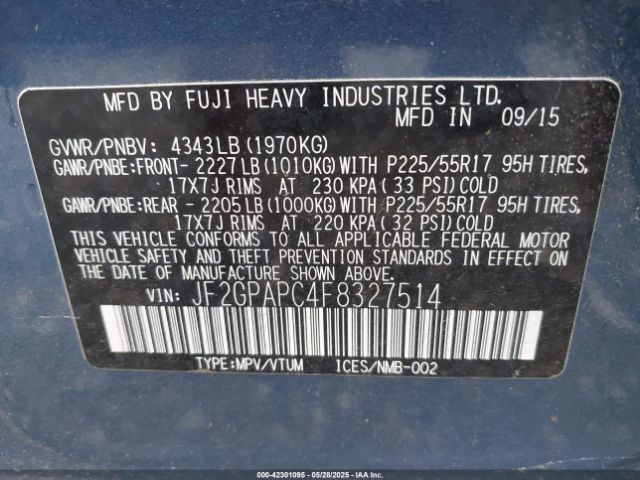 JF2GPAPC4F8327514 Subaru 2.0l naturally aapirated