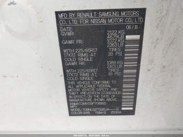 KNMAT2MV0GP708165 Nissan Rogue S/sl/sv
