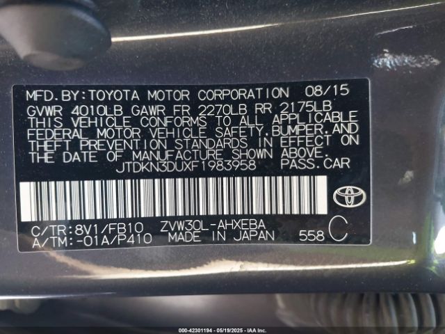 JTDKN3DUXF1983958 Toyota Prius Three