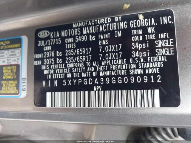 5XYPGDA39GG090912 KIA Sorento 2.4l Lx