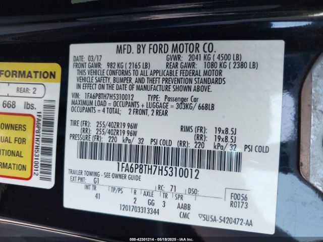 1FA6P8TH7H5310012 Ford Mustang Ecoboost
