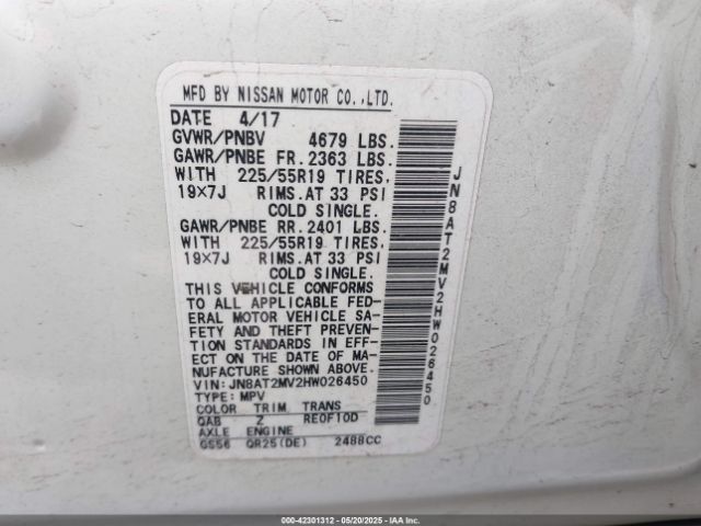 JN8AT2MV2HW026450 Nissan Rogue Sl