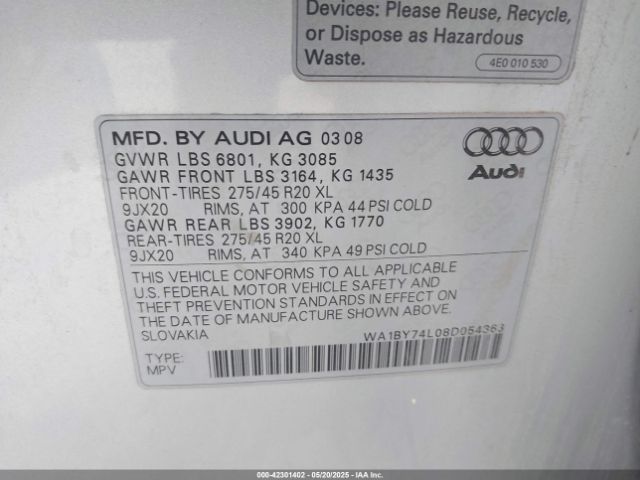 2008 AUDI Q7 WA1BY74L08D054363 Photo 8
