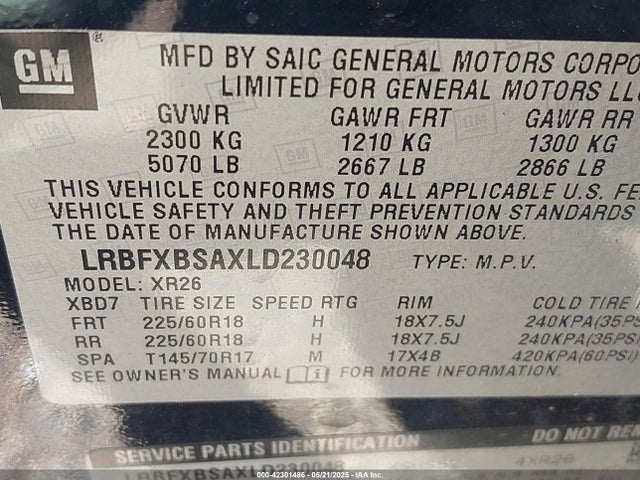 LRBFXBSAXLD230048 Buick lcv
