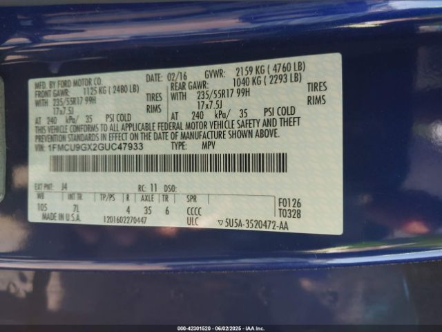 1FMCU9GX2GUC47933 Ford ESCAPE SE