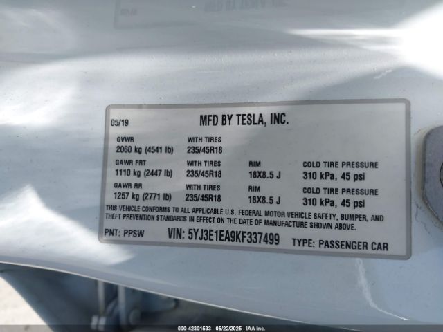 2019 TESLA MODEL 3 5YJ3E1EA9KF337499 Photo 8