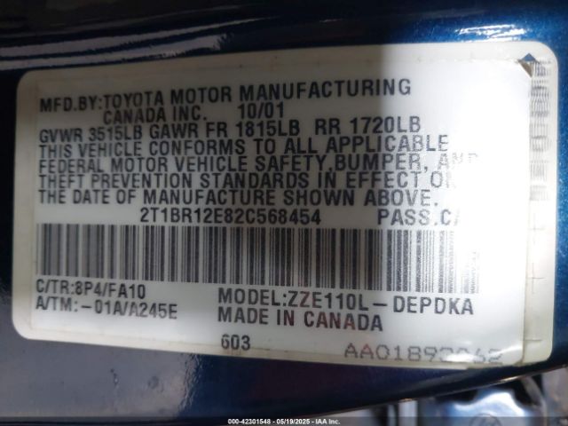 2002 TOYOTA COROLLA 2T1BR12E82C568454 Photo 8