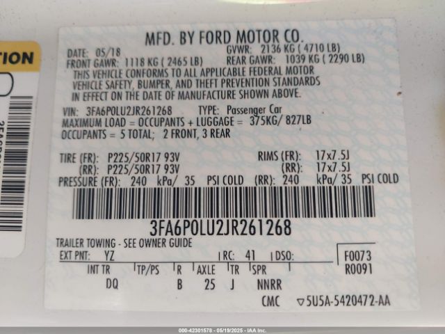 3FA6P0LU2JR261268 Ford Fusion Hybrid Se