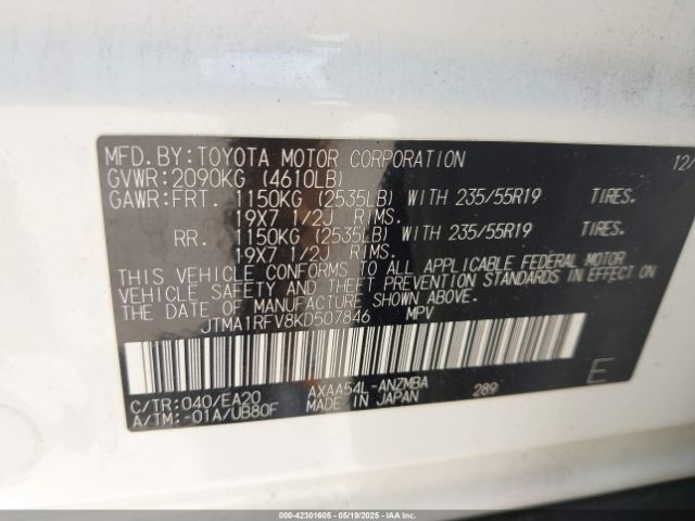JTMA1RFV8KD507846 Toyota Rav4 Xle Premium