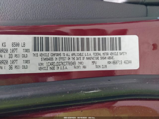 1C4RDJDG7KC770349 Dodge Durango Gt Plus Awd
