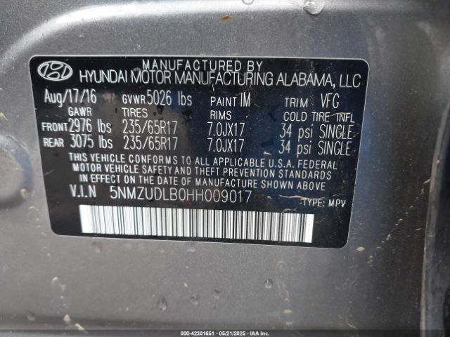 5NMZUDLB0HH009017 Hyundai Santa Fe Sport 2.4l