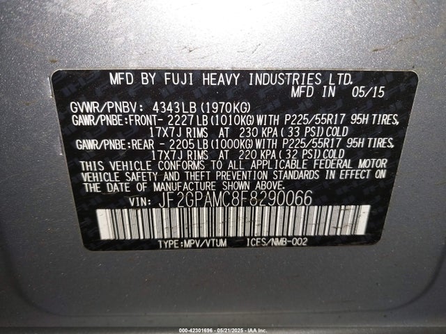 JF2GPAMC8F8290066 Subaru 2.0l naturally aapirated