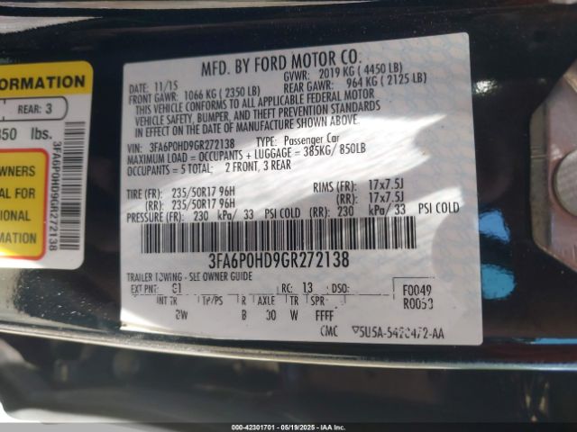 3FA6P0HD9GR272138 Ford FUSION SE