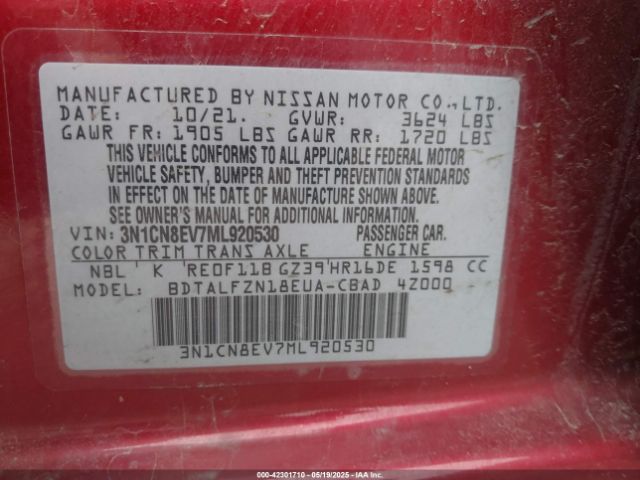 3N1CN8EV7ML920530 Nissan Versa Sv Xtronic Cvt