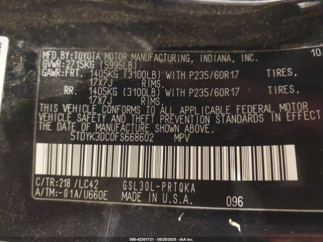 5TDYK3DC0FS668602 Toyota Sienna Xle Premium 8 Passenger