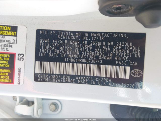 4T1B61HK9KU730743 Toyota CAMRY XSE