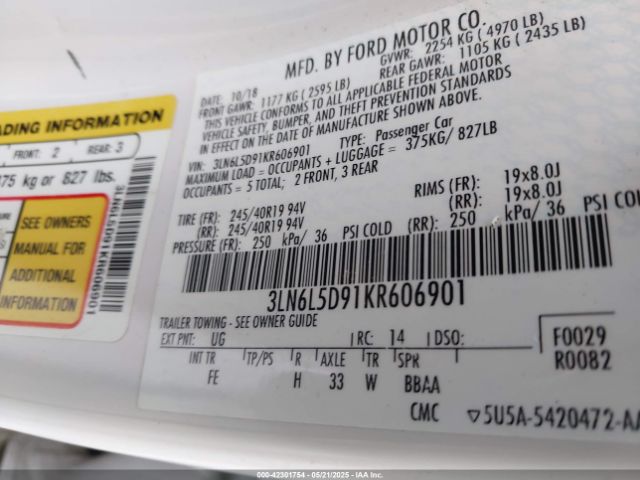 3LN6L5D91KR606901 Lincoln Mkz Reserve I