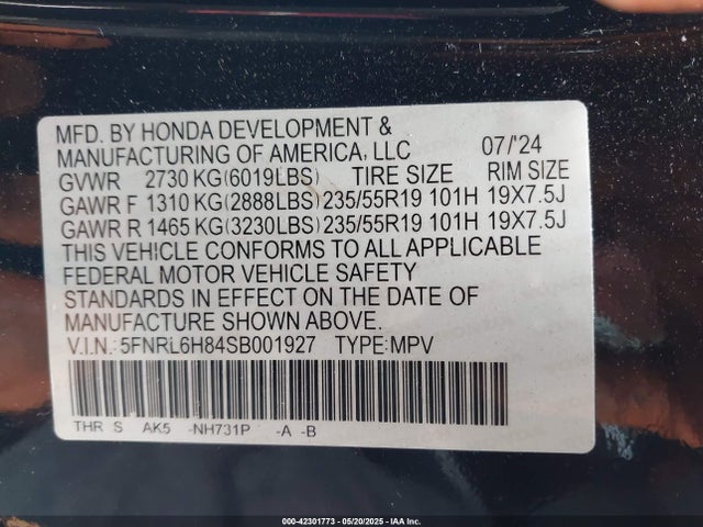 5FNRL6H84SB001927 Honda Odyssey Touring