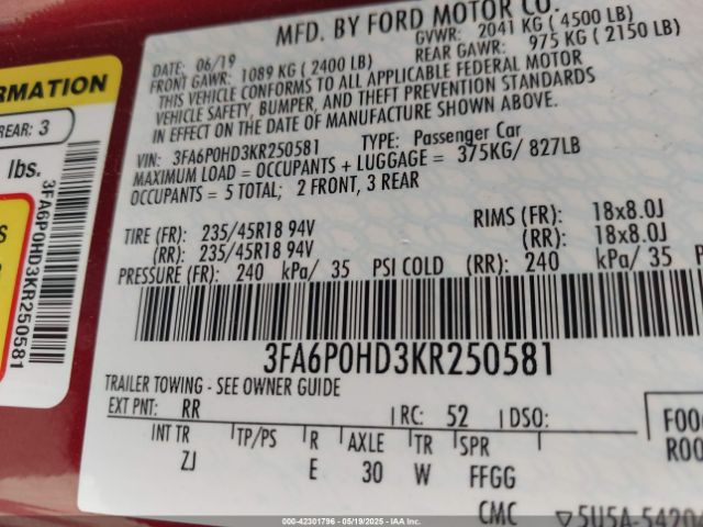 3FA6P0HD3KR250581 Ford FUSION SE