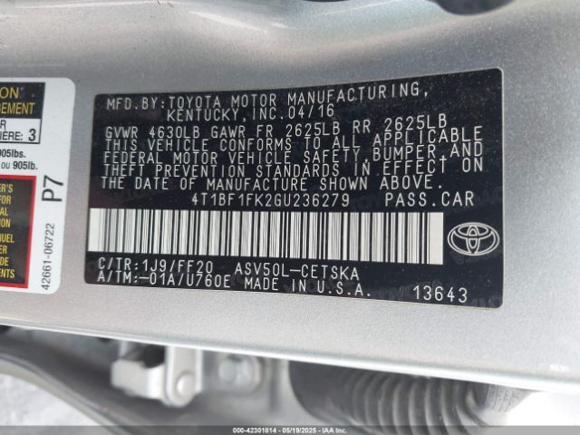 4T1BF1FK2GU236279 Toyota CAMRY SE